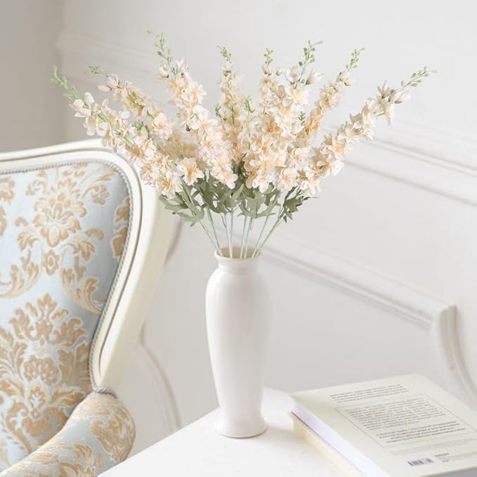 8pcs Delphinium Artificial Flowers 33.5in Long Stem Larkspur Fake Silk Flowers for Tall Vase Faux Flowers for Home Wedding Baby Shower Floral Arrangement Centerpiece Table Decoration (Champagne)