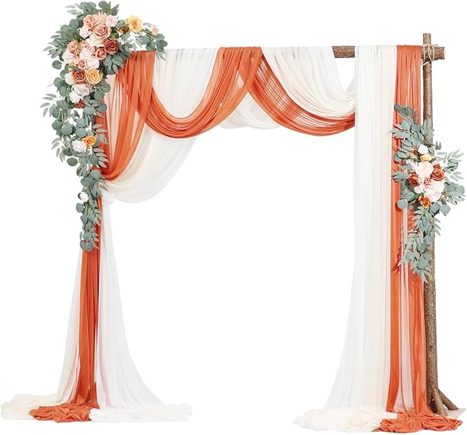 VEVOR Artificial Wedding Arch Flowers Kit, Orange Wedding Arch Flowers with Drapes Kit (Pack of 5) - 2 Pcs Floral Arrangement, 3 Pcs Sheer Drapes, for Ceremony Bouquets Reception Backdrop Decoration