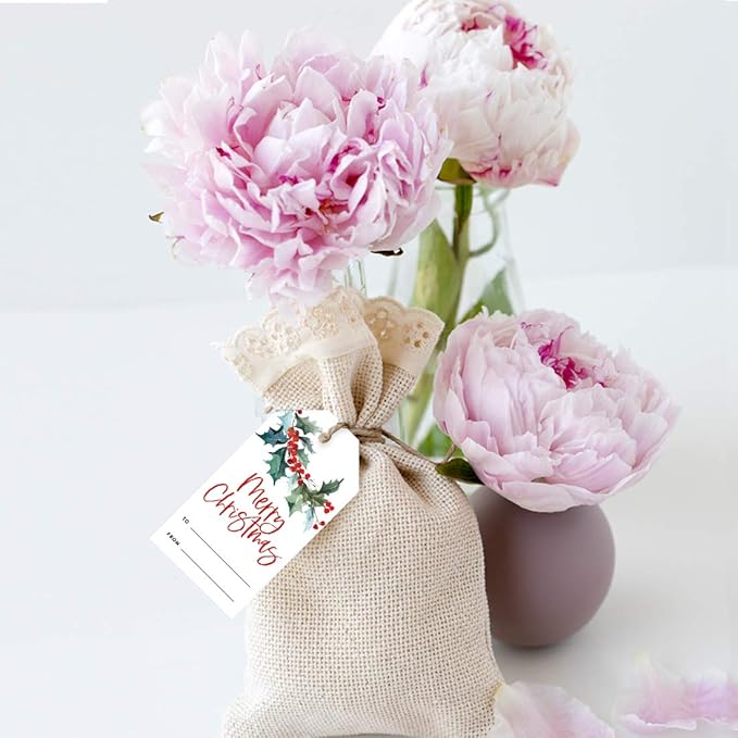 Andaz Press Christmas Holiday Season Classic Gift Tags, Merry Christmas to from Classic Favor Tags, Watercolor Holly Branch Leaves Design, for Holiday Events, Parties, and Favors, 60-Pack