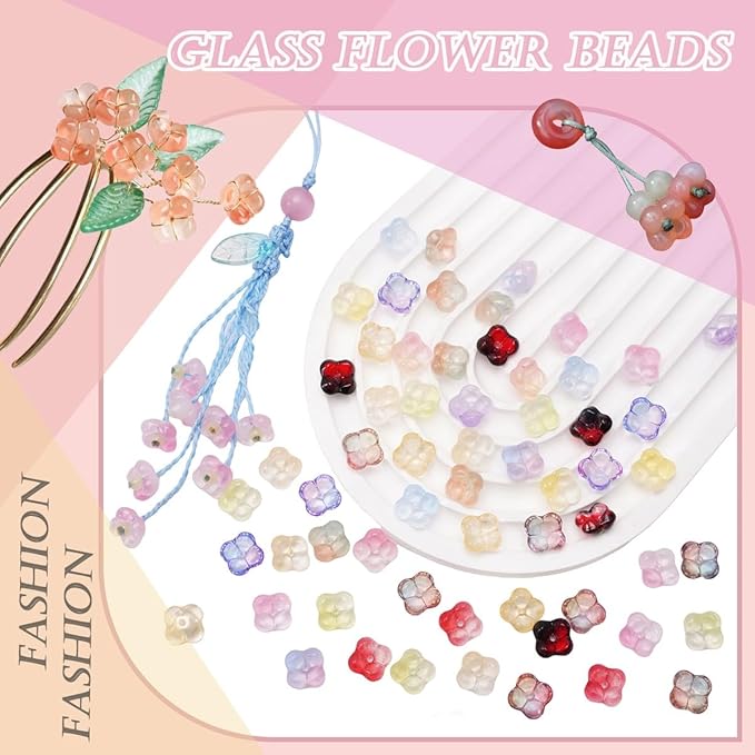 100PCS Glass Flower Beads for Jewelry Making 4 Petal Flower Bead Caps Gradient Cute Floral Beads Aesthetic Charms for Necklace Bracelets Earrings DIY Craft Home Decoration-Blue