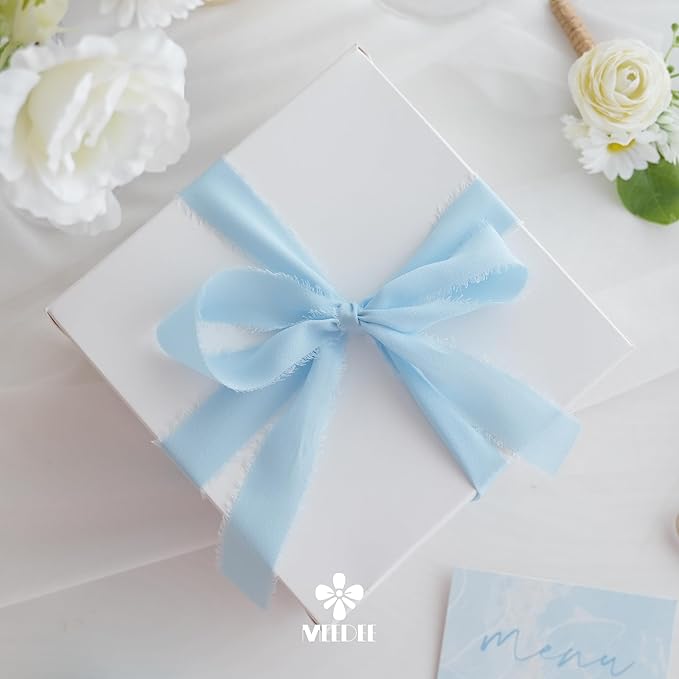 MEEDEE Light Blue Chiffon Ribbon 1 Inch Fringe Ribbons Baby Blue Chiffon Silk Frayed Edge Ribbon Thin Chiffon Ribbons for Crafts, Gift Wrapping, Wedding Invitation (3 Rolls 21 Yards)