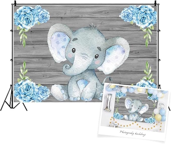 AOFOTO 7x5ft Elephant Backdrop It's a Boy Baby Shower Party Decoration Photography Background Sweet Watercolor Flowers Grey Wood Cartoon Newborn Infant Girl Kids Birthday Banner Photo Studio Props