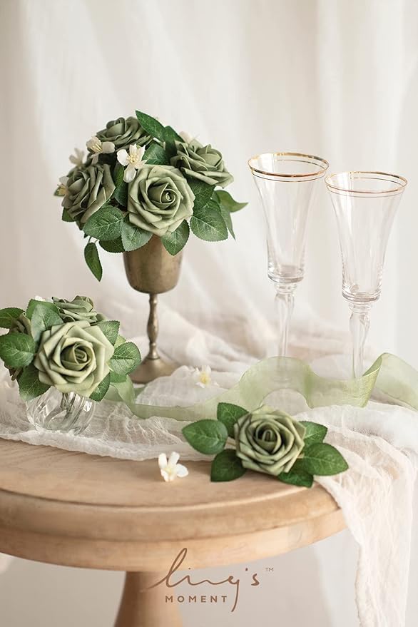 Ling's moment Artificial Flowers 50Pcs Elf Green Roses Decor w/Stems,3" Real Touch DIY Foam Floral for Wedding Bouquet/Centerpieces, Outdoors Party Backdrop, Room/Table, and Garden/Pot Decorations