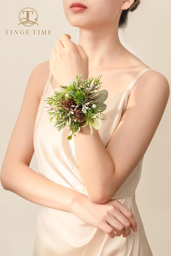 TINGE TIME Corsage and Boutonniere Set, Prom Flower Wrist Corsage Wristlet, Boutonniere for Men Wedding Flowers Accessories Prom Suit Decorations (White Ivory Greenery)