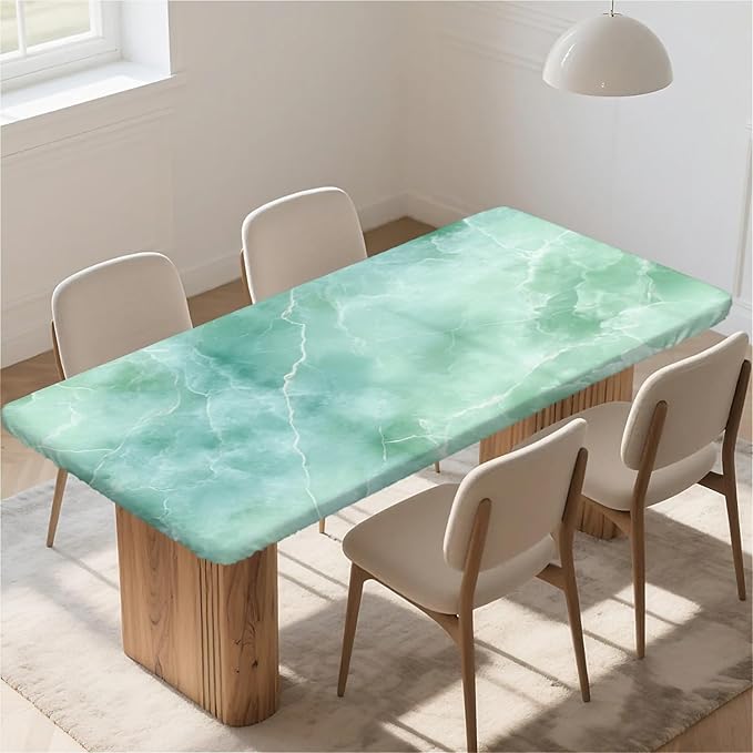 Rectangle Table Cloth Cover Waterproof Elastic Fitted Polyester Fitted Tablecloths for 4 Foot Tables for Indoor,Picnic, Camping, Outdoor （48" x 24"，Green Marble）