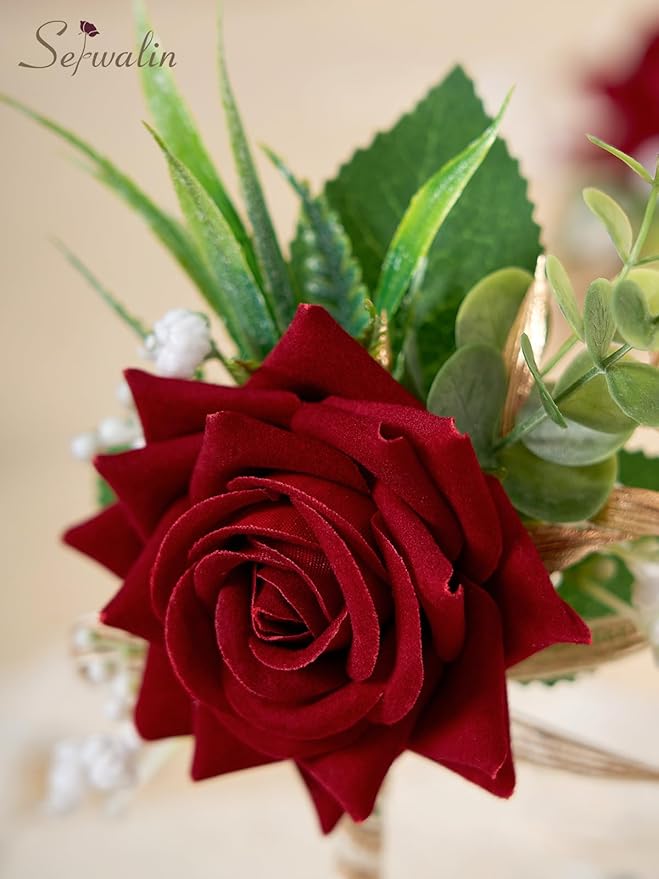 Serwalin 6PCS Red Rose Boutonniere for Men Wedding Groom Groomsmen Best Man Boutonniere for Wedding Ceremony Anniversary Prom Flowers Formal Dinner Party, Red