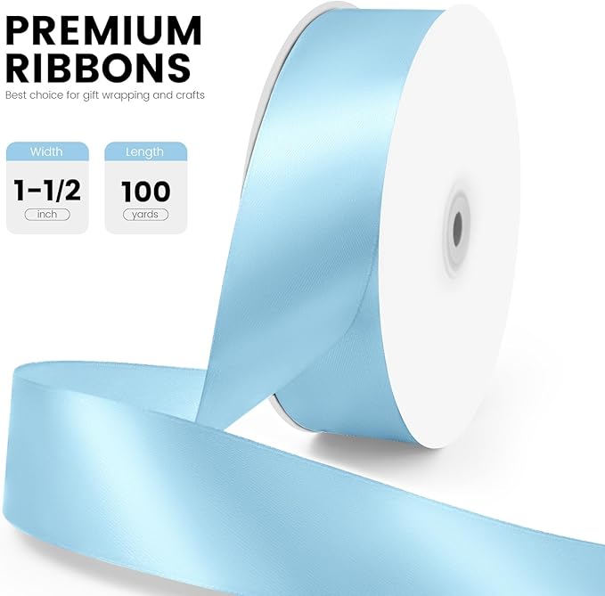 1-1/2" x 100 Yards Satin Ribbon - Light Blue Silk Ribbon with Spool - Ideal for Gift Wrapping, Floral Bouquets, Crafts, Wedding Party Decorations, Christmas and Sewing Projects