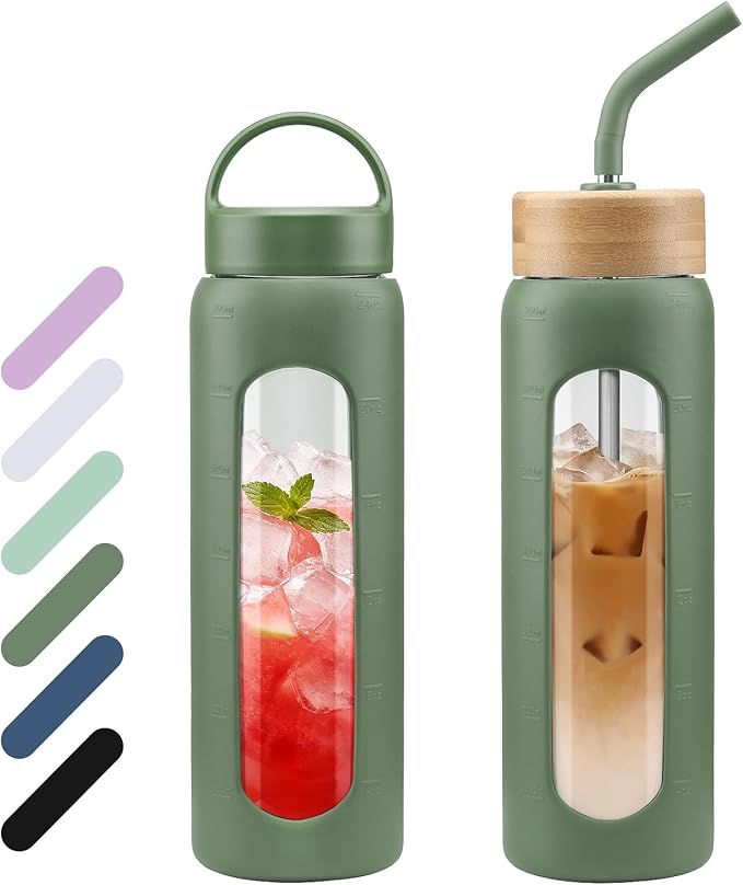 24 oz Glass Water Bottle, Glass Tumbler with Straw, Reusable Drinking Bottles with 2 Lids-Handle Lid&Bamboo Straw Lid, Silicone Sleeve, for Sports, Home,1 Pack-Olive