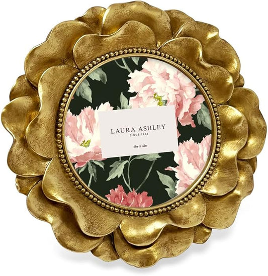 Laura Ashley 4x4 Gold Round Resin Ornate Flower Design Picture Frame with Beaded Border, for Tabletop and Wall Display, Floral Home Décor (Gold)