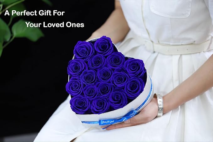 Flowers for Delivery, 16 Blue Forever Roses Heart Shape Box - Preserved Rose Gift for Her, Preserved Flower for Mothers Day, Father's Day Just Because