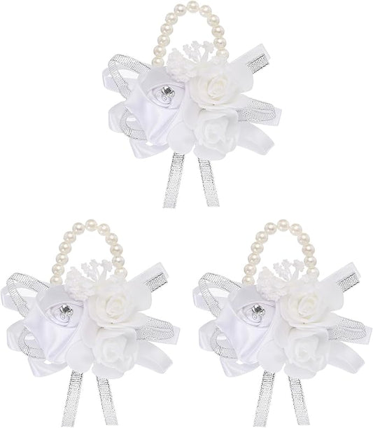 MECCANIXITY 3Pcs Wrist Corsage Artificial Flower Bracelets Rose Wrist Bride Groom Decorative for Wedding Ceremony Prom Party Anniversary White