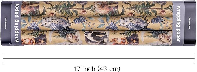 WRAPAHOLIC Kraft Christmas Wrapping Paper Roll - Mini Roll - 3 Rolls - 17 Inch x 120 Inch Per Roll - Wild Animals Winterfall Watercolor Holiday Collection