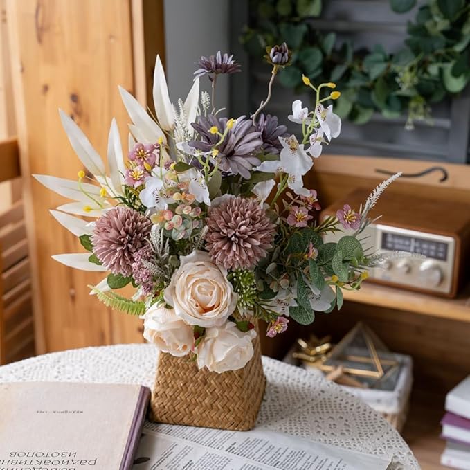 16-inch Artificial Fake Flowers Silk Table Arrangements Faux Plastic Floral Centerpieces for Home Kitchen with Roses, Dandelions, Chrysanthemum, Phalaenopsis, Eucalyptus, Sages, Orchids