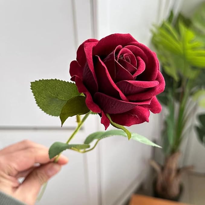 Jasion 12PCS Artificial Roses Realistic Velvet Silk Flowers Long Stem Faux Flowers Bouquet for Wedding Home Party Table Centerpieces Decorations (Red)