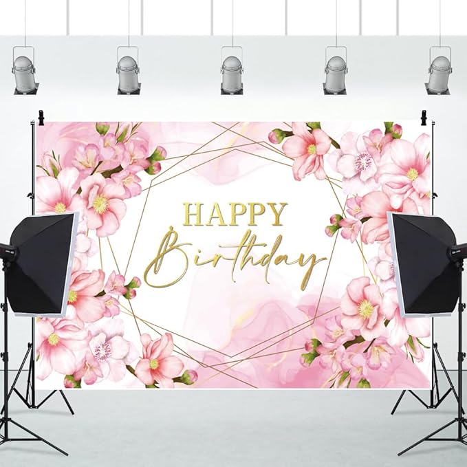ChloropLastid 15x10ft Floral Happy Birthday Backdrop for Girls Pink Blooming Floral Birthday Party Decorations Photography Background Watercolor Flowers Women Birthday Party Decor Banner Photo Props