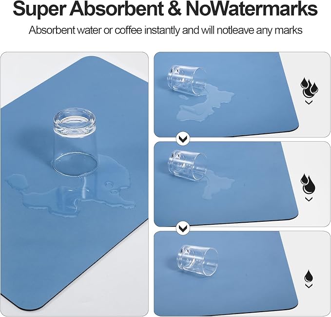 Dish Drying Mat for Kitchen Counter | Coffee Bar Mat for Countertops | Heat Resistant Drainer Mat with Non-slip Rubber Backed | Hide Stain Kitchen Absorbent Draining Mat | Blue 16"x24"