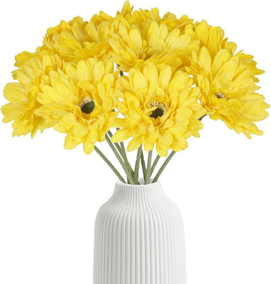 Yellow Gerbera Daisy Fake Flower Artificial Flowers Silk Flowers 10PCS Fake Daisies 17.7in Faux Daisies Flowers for Wedding Bridal Bouquet Party Home Kitchen Decor(Yellow)