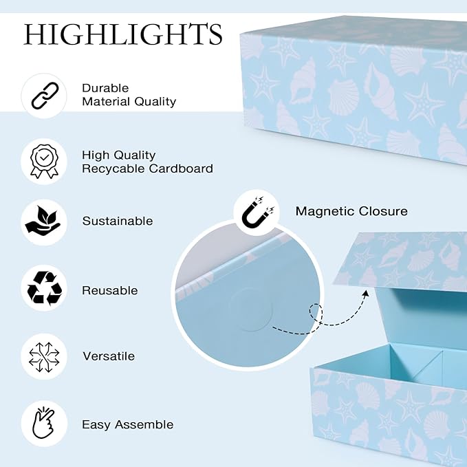Blue Ocean Theme Gift Box with Magnetic Lids 13.8x8.3x4.4 in, Large Bridesmaid Proposal Boxes, Rectangle Wedding Decorative Storage Box 3 Pack