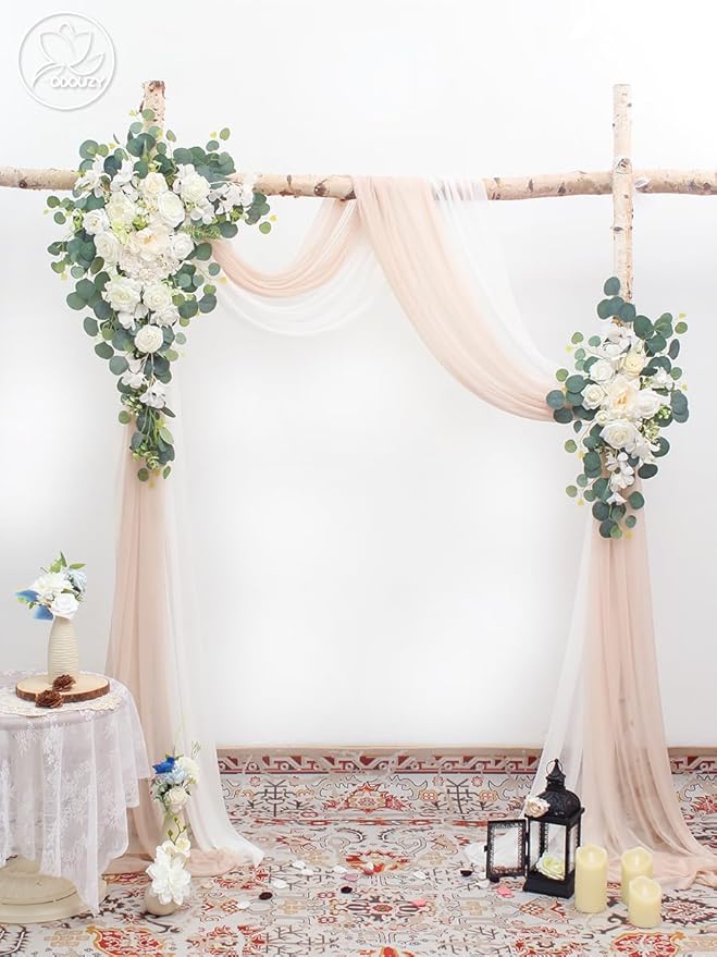 Wedding Arch, Artificial Flowers, Wedding Decor with Drapes (Set of 4)，Be Suited to Banquet, Party, Wedding Decor Ceremony and Background Decoration (White Champagne)