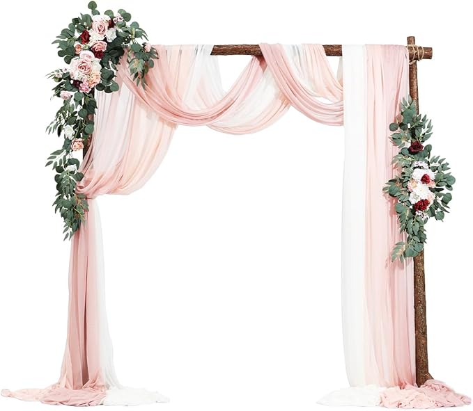VEVOR Artificial Wedding Arch Flowers Kit, Pink Wedding Arch Flowers with Drapes Kit (Pack of 5) - 2 Pcs Floral Arrangement, 3 Pcs Sheer Drapes, for Ceremony Bouquets Reception Backdrop Decoration