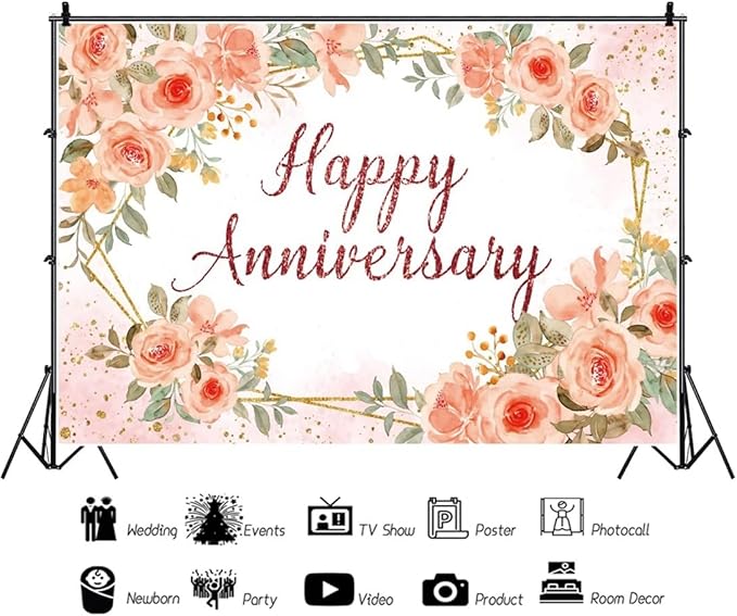 Leyiyi 10x8ft Happy Anniversary Backdrop Watercolor Pink Floral Rose Green Leaves Gold Dots Glitter Photography Background Cheers to Wedding Anniversary Bridal Shower Party Decorations Photo Props