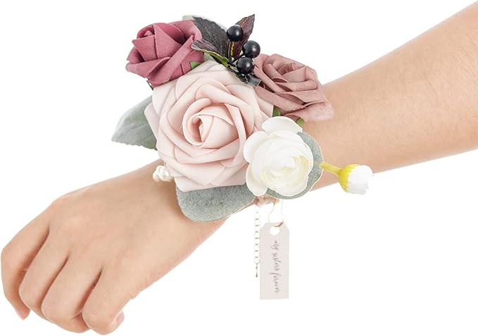 Ling's moment 6pcs Wedding Wrist Corsage Artificial Flowers, Girl/Mother Homecoming Prom Corsages Wristlet Décor, etc. Mauve Dusty Rose