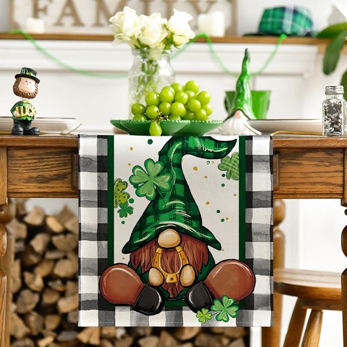 Artoid Mode Buffalo Plaid Shamrock Gnome St. Patrick's Day Table Runner, Seasonal Spring Holiday Kitchen Dining Table Decoration for Indoor Outdoor Home Party Decor 13 x 36 Inch