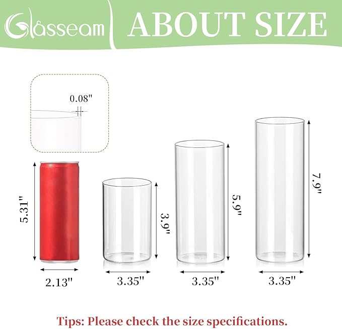 Glasseam Clear Glass Cylinder Vase, 6pcs Glass Vases for Centerpieces, Modern Floating Candle Vases for Flowers, Hurricane Vase Decor Candle Holder for Pillar Candles Wedding Deco (5.5"/7.5"/9.5")