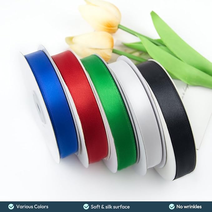 KMER LIFE 5/8" Wide x 50 Yards Yellow Single Faced Polyester Satin Ribbon, Yellow Satin Ribbon Perfect for Wedding Decor, Wreath, Crafts, Gift Wrapping & Other Projects (Yellow)