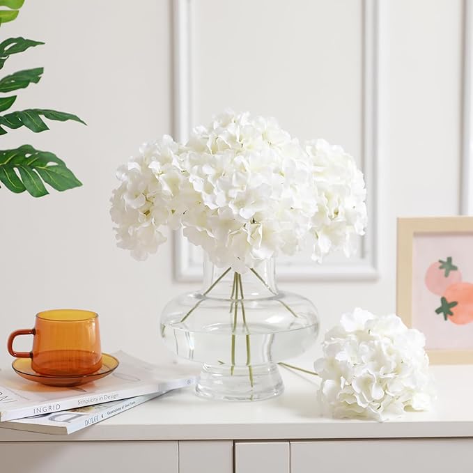 Tifuly Hydrangea Artificial Flowers -12 pcs Realistic Fake Hydrangea Silk Flowers with Stems Faux Hydrangea Flowers Heads for Office Home Party Wedding Centerpiece DIY Floral Decor (White)