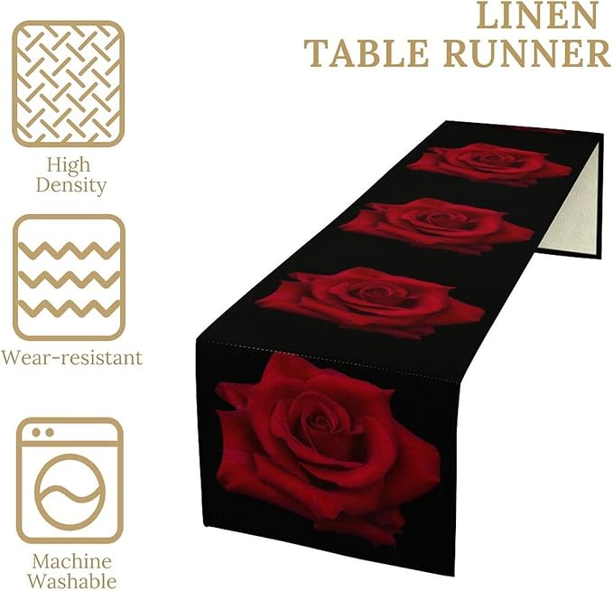Red Rose Table Runner,Romantic Flower Black Table Runner for Indoor Outdoor Holiday Home Wedding Party 13x90 Inch