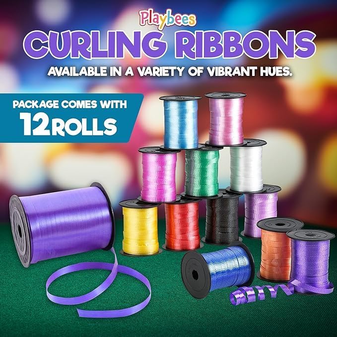 Playbees Curling Ribbon -12-Pack - 60 Foot Rolls - 240 Yards Balloon String Total - Assorted Colors Ribbon for Crafts, Gift Wrapping, Christmas Decorations, String Balloons, Tie Hair & DIY Projects