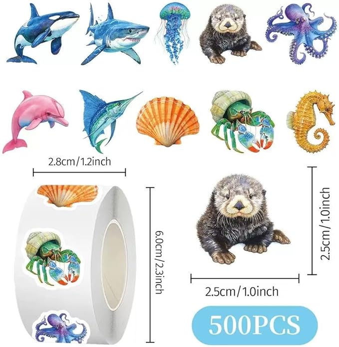 1000 Pcs Ocean Animal Stickers Bulk 2 Roll 1 Inch,Under The Sea Stickers for Kids Classroom Boys Girls.Turtle Whale Shark Starfish Fish Sticker Pack Gift for Party Favors Book Water Bottles Laptop