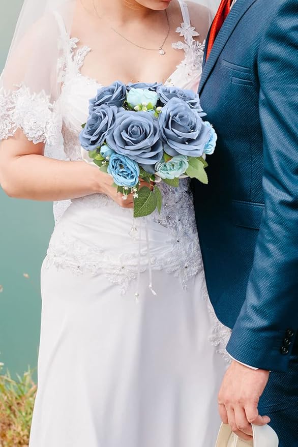 Artificial Rose Flower Dusty Blue Flowers Dusty Blue Roses Silk Flowers 50 pcs with Long Stem Silk Roses Bouquet for Wedding Bridal Shower Party Home Decoration