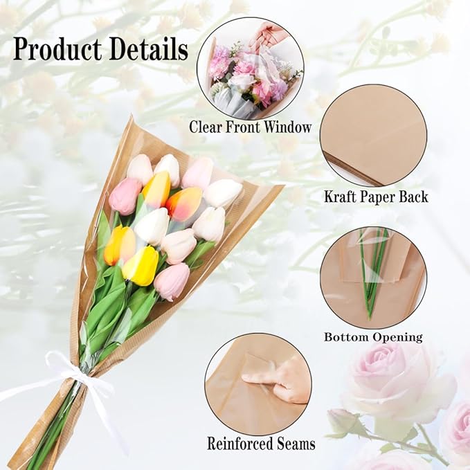 HSONAIGEE 50 Pieces Flower Bouquet Wrapping Paper, 17.7 x 9.5 Inch Small Flower Bags for Bouquets Kraft Floral Wrap Sleeves with Ribbons for Home Mother’s Day Wedding Flower Bar Supplies