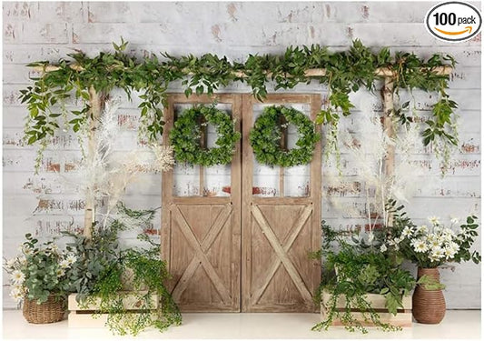 Kate Rustic White Painted Brick Wall Wood Door Photography Backdrops 10x8ft Spring Green Grass and Flowers Photo Backgrounds Baby Shower Backdrop Photoshoot Props