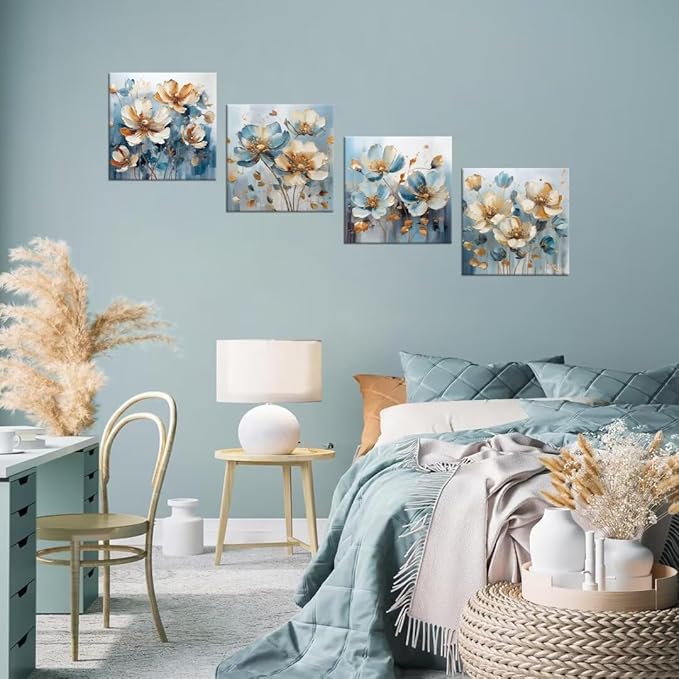 Pankila White Flower Wall Art Floral Pictures for Living Room Bedroom Bathroom Blue and White Canvas Flowers Wall Decor Life Poster Home Decorations Framed Artwork Ready to Hang (16''W x 16''H x 4)