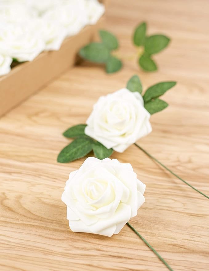 25pcs Artificial Flower Foam Rose Real Touch Roses Flower Heads with Stem for DIY Wedding Bouquets Centerpieces Arrangements Party Baby Shower Home Decor (Ivory)