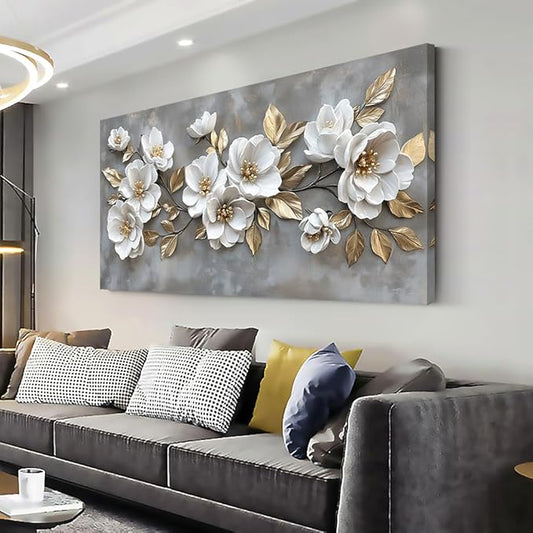 LAVIKARS Modern Gray Flowers Wall Art for Living Room Office White and Golden Floral Landscape Canvas Painting Prints Large Delicate Petals Artwork Kitchen Home Bedroom Decor (23x46 Inches)