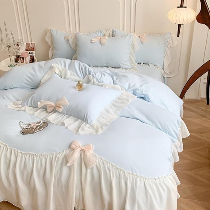 Ruffled Bedding Bow Duvet Cover Set with Butterfly Tie, Princess Style 1 Duvet Cover with 2 Pillowcases,Zipper Closure, No Comforter-Blue,Queen Size