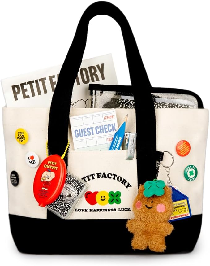 PETIT FACTORY Canvas Tote Bag 14.2"(W) × 9.1"(H) × 3.9"(D), Great for DIY Painting or Decoration, Tote Bags for Women Canvas with Pockets & Keyring Hooks