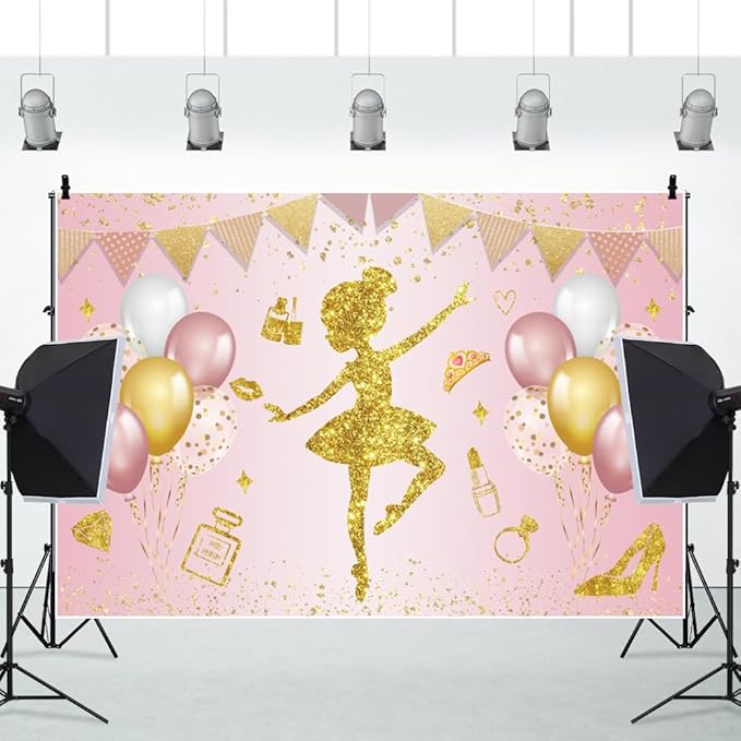 Renaiss 5x3ft Ballerina Princess Backdrop Pink Gold Shiny Elegant Fairy Ballet Dancer Photography Background for Girl Baby Shower Birthday Party Decor Banner Photo Studio Props