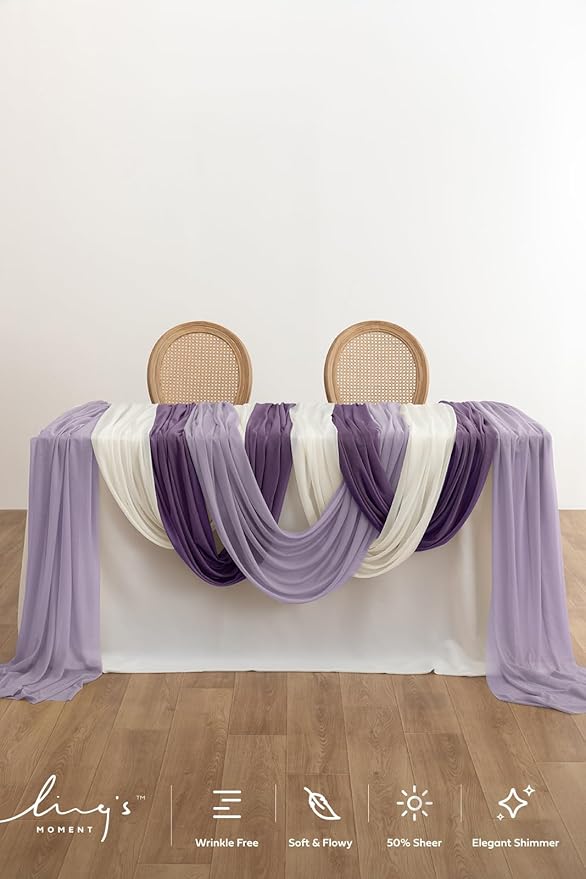 Ling's moment Wedding Arch Draping Fabric 3 Panels 20Ft Purple Chiffon Fabric,Sheer Hanging Drapes Arrangement for Wedding Ceremony Backdrop Party Swag Home Decor (Lilac & Gold)
