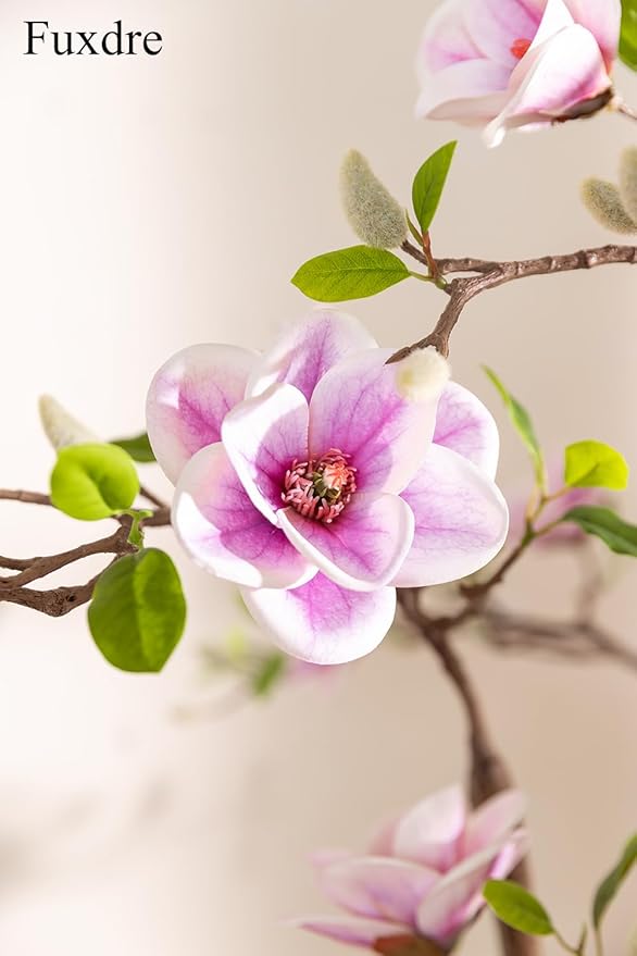 Faux Magnolia Tree 6.8 ft - with 57 Pcs White-Purple Flowers - Tall Artificial Plants Indoor, Large Fake Plant Perfect Potted Magnolia Flower Decor for Living Room, Stairs, Shop, Porch, Study Room