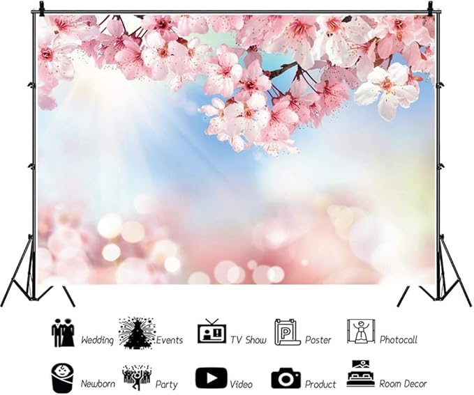 Renaiss 12x10ft Cherry Blossom Floral Backdrop Pink Flower Sunshine Bokeh Romantic Nature Scenery Photography Background for Wedding Bridal Shower Birthday Party Decor Photo Booth Props