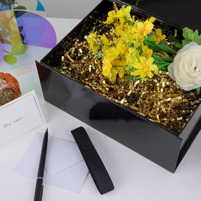 5PCS Black Gift Box with Ribbon 9.5x7x4 Inches，Sturdy Gift Box with Lid for Gift Packaging, Foldable Magnetic Closure Storage Boxes, Bridesmaid proposal box, Rectangle Collapsible Box
