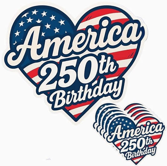 HANDICHI Design 5-Pack 4 Inch America 250th Birthday Stickers – Patriotic Heart-Shaped USA Flag Vinyl Decals – Waterproof 1776–2026 Independence Day Stickers for USA 250th Anniversary Celebration