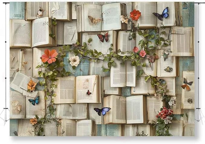 7x5ft Books Theme Photo Backdrop Flowers Bookshelf Backdrop Floral Theme Book Photography Background Girls Party Decorations Kids Newborn Birthday Baby Shower Photo Studio Props KUBYW003