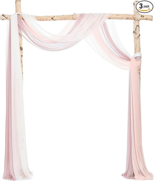 Ling's Moment Wedding Arch Draping Fabric 3 Panels 20Ft Chiffon Fabric, Sheer Hanging Drapes Arrangement for Wedding Ceremony Backdrop Outdoors Party Swag Home Decor (Dusty Rose & White & Blush)