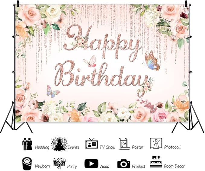 ChloropLastid 15x10ft Pink Floral Birthday Backdrop Rose Gold Glitter Flower Blossom Butterflies Happy Birthday Photography Background for Girls Princess Bday Party Decorations Banner Photo Props